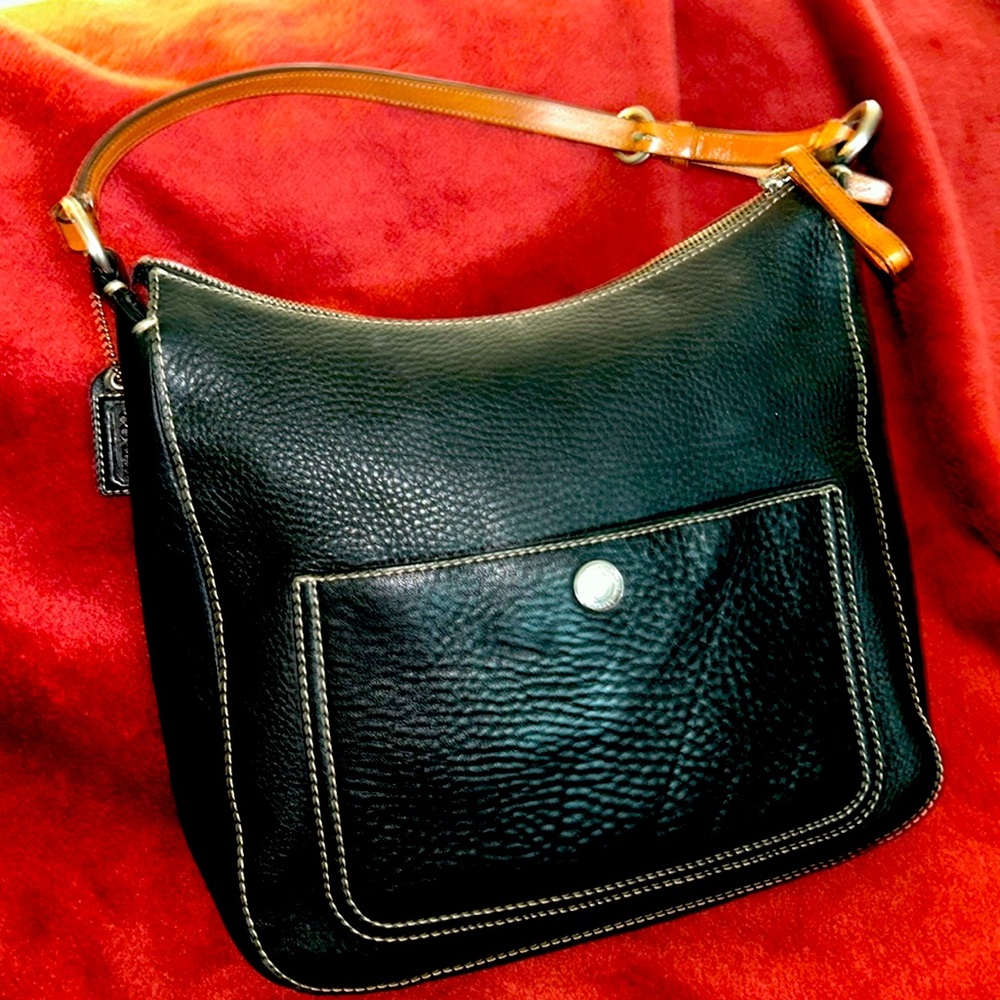 HP. Coach Chelsea, black leather tote 11”x12”x3” br. Leather handle tag